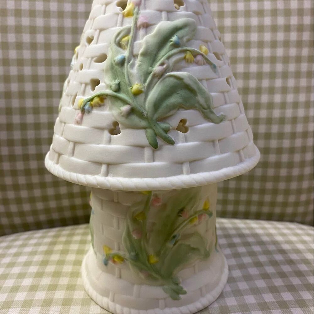 NIB Bisque Porcelain Tealight Candle Holder with Shade & Raised Floral Accents